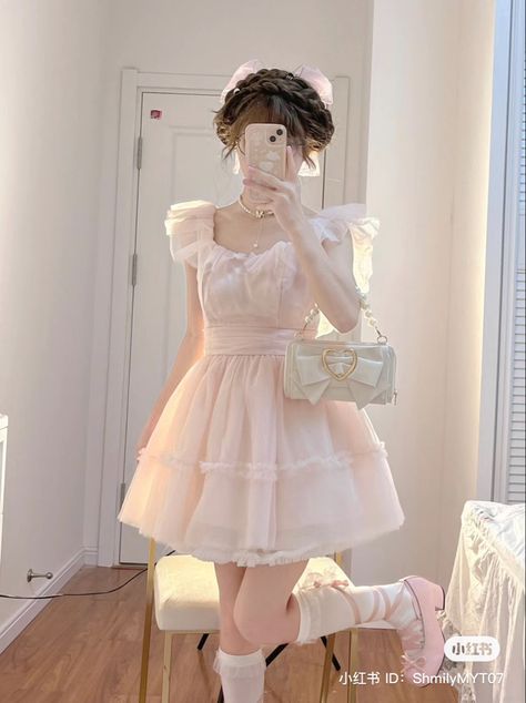 Cute Pink Dresses Aesthetic, Cute Dresses Aesthetic Soft, Soft Pink Clothes Aesthetic, Pink Soft Outfit Aesthetic, Pink Dress Kawaii, Soft Pink Dress Aesthetic, Cute Softy Outfits, Pink Kawaii Outfits Aesthetic, Soft Pink Aesthetic Clothes