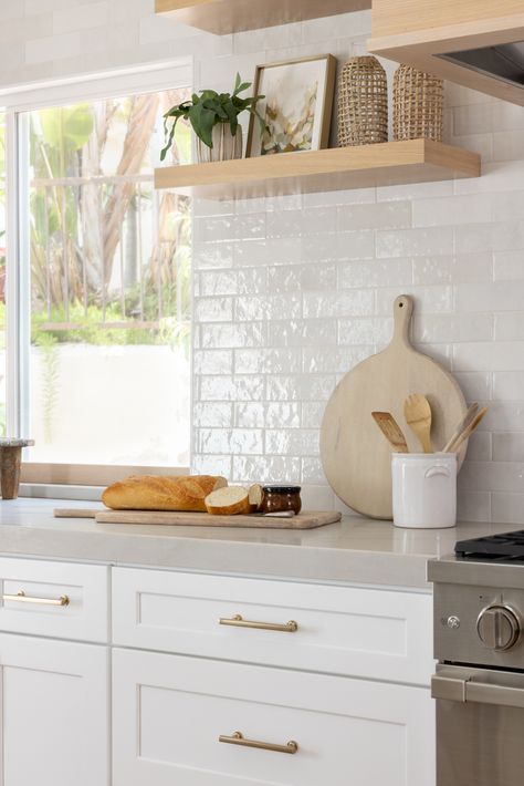 Kitchen White Subway Tile, Wood Serveware, Cloe Tile, Textured Subway Tile, Subway Tile Design, Bedrosians Tile, White Kitchen Backsplash, White Subway Tile Backsplash, Timeless Kitchen