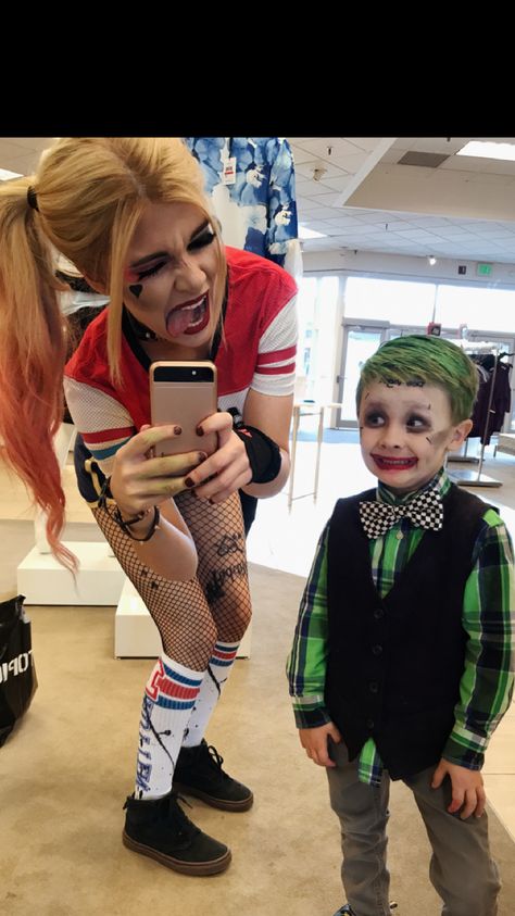 Harley Quinn and Joker cosplay. Mommy and son costumes Halloween Costume Ideas Mom And Son, Mum And Son Halloween Costumes, Son And Mom Costumes, Joker Family Halloween Costumes, Matching Mom And Son Halloween Costumes, Mother And Son Costumes, Mommy And Me Halloween Costumes Boys, Mommy And Son Halloween Costumes, Mom And Son Costume Ideas