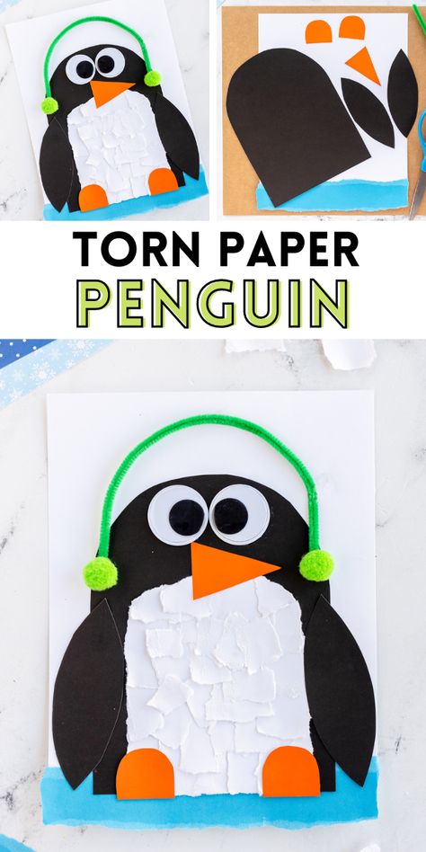 This Torn Paper Penguin craft is fun for kids of all ages! It's the perfect paper craft on a chilly winter day. Penguin Crafts For Kindergarten, Penguin Arts And Crafts For Preschool, Penguin Kindergarten Craft, Penguin Prek Craft, Paper Plate Penguin Crafts For Kids, Winter Construction Paper Crafts, Pre K Penguin Crafts, Easy Penguin Craft Preschool, Penguins Craft Preschool