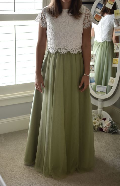 Green Elopement Dress, Sage Green Skirt Outfit, Top And Skirt Indian, Green Top And Skirt, Sage Green Skirt, Bridal Maid Dress, Unique Skirts Design, Trendy Gowns, Party Wear Long Gowns