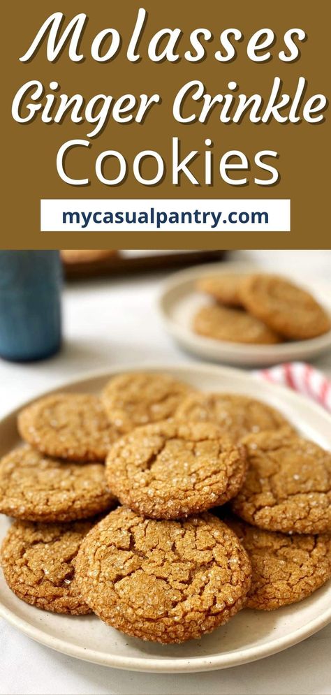 Molasses Ginger Crinkle Cookies taste as cozy as a warm hug. They are deliciously soft and chewy with just the right amount of warm spice. Ginger Crinkle Cookies, Molasses Crinkle Cookies, Xmas Sweets, Chewy Molasses Cookies, Molasses Cookies, Crinkle Cookies, Fall Food, Soft Cookie, Cookie Scoop