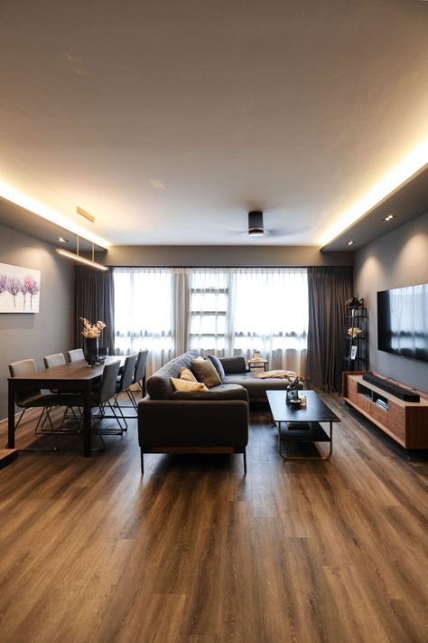 Dark Modern HDB Resale Makeover | Punggol Topaz | Juz Interior Cove Lighting Design, Dark Modern Living Room, 5 Room Hdb, Dark Modern Interior, Laminate Living Room, Dark Modern Home, Hdb Resale, Grey Painted Walls, Dark Interior Design