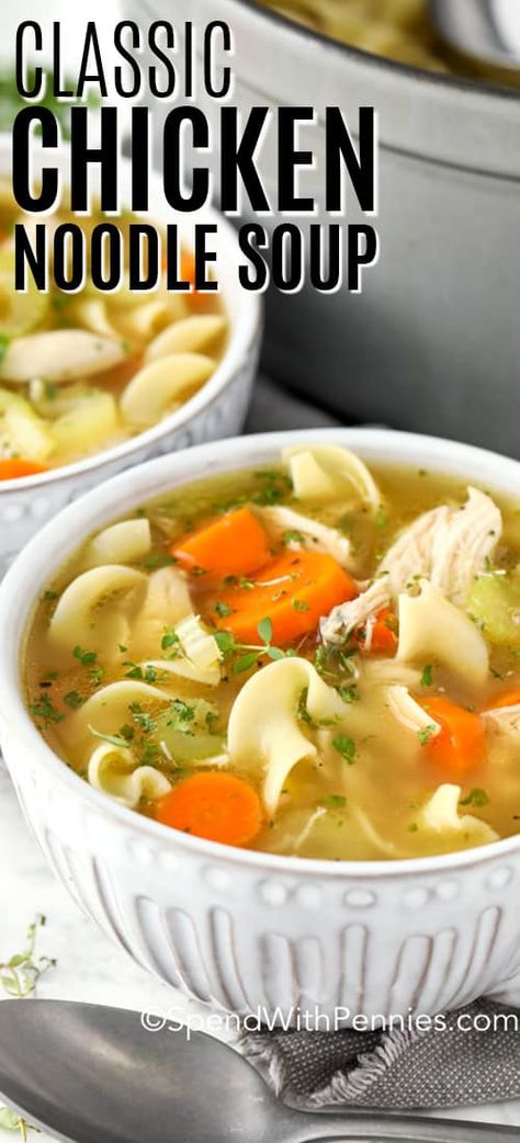 A bowl of classic chicken noodle soup is the best on a cold day! Make this soup from scratch using homemade chicken stock, shredded chicken, egg noodles and fresh ingredients like carrots, and celery. #spendwithpennies #chickennoodlesoup #souprecipe #dinner #chickennoodle #30minmeal Chicken Soup With Egg Noodles, Chicken Egg Noodles, Classic Chicken Noodle Soup, Rotisserie Chicken Soup, Best Chicken Noodle Soup, Carrots And Celery, Homemade Chicken Soup, Chicken Noodle Soup Easy, Homemade Chicken Stock