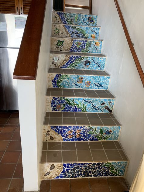 Yurt Addition, Mosaic Stairs, Little Beach House, Staircase Wall Decor, Tile Steps, Mosaic Art Diy, Homestead House, Tile Stairs, Mosaic Tile Art