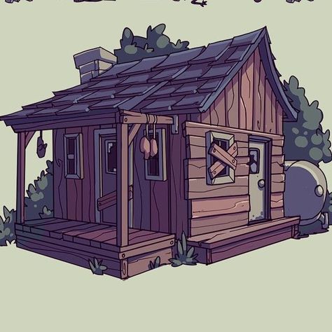 Wood Cabin Illustration, Cartoon Houses Illustration, Cabin In The Woods Concept Art, Wood House Drawing, Cabin Concept Art, Cabin In The Woods Drawing, Cabin Reference, Woods Drawing, House Concept Art