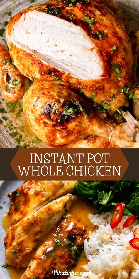 Step away from the ordinary and have your whole chicken cooked in half the time using your Instant Pot. And get the juiciest chicken ever! This chicken comes with a delicious glaze and a Thai flavoured sauce also made in the Instant Pot. Instant Pot Whole Chicken Cook Time, Pressure Cooked Whole Chicken, Half Chicken Instant Pot, Whole Chicken Instant Pot Recipes, Instapot Whole Chicken, Instant Pot Whole Chicken Recipes, Instant Pot Roast Chicken, Whole Chicken Instant Pot, Pressure Cook Whole Chicken