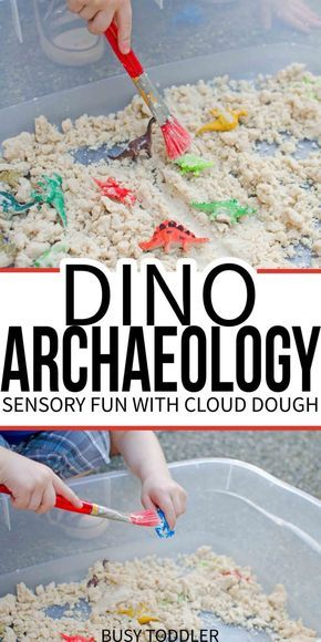 DINOSAUR ARCHAEOLOGY: A fun sensory activity with cloud dough; an easy activity for toddlers and preschoolers; simple sensory play Taste Safe Sensory, Dinosaur Lesson, Dinosaur Activities Preschool, Maluchy Montessori, Dinosaur Play, Dinosaurs Preschool, Cloud Dough, Sensory Activities Toddlers, Toddler Sensory