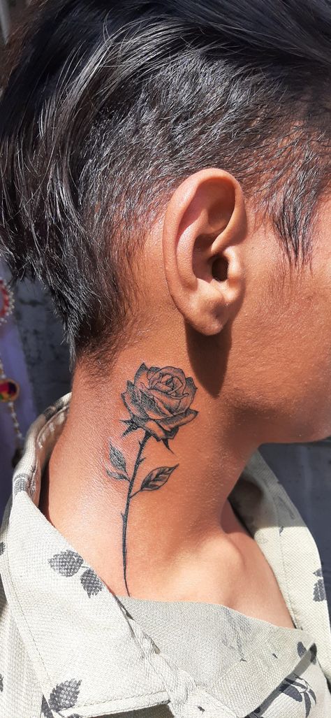 Rose On Back Of Neck, Neck Rose Tattoo For Women, Sunflower Tattoo Neck, Rose Neck Tattoo Woman, Rose On Neck Tattoo, Behind The Ear Rose Tattoo, Rose Behind Ear Tattoo, Rose Tattoo Neck, Dead Rose Tattoo