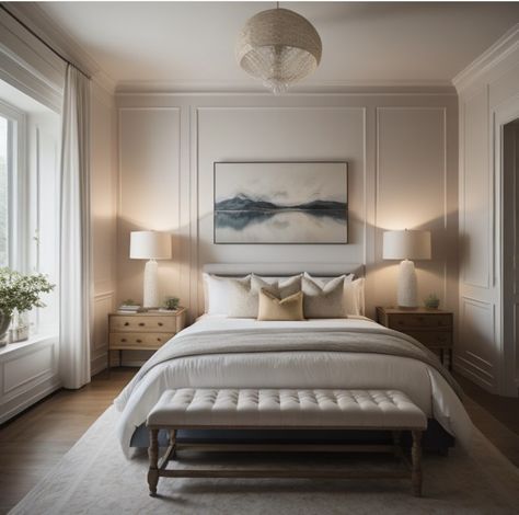 Interior Design Primary Bedroom, Scottish Inspired Bedroom, Modern Classic Bedroom Luxury, Modern Classical Bedroom, Classic Master Bedrooms Decor, Quiet Luxury Bedroom, Master Room Inspiration, American Classic Bedroom, Bedroom Classic Design