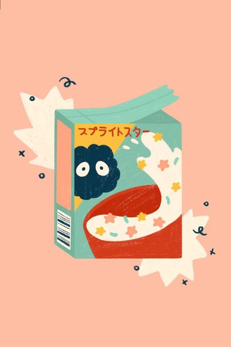 Studio Ghibli Food Illustration, Kawaii Cottagecore Art, Gouache Food Painting, Boba Illustrations, Ghibli Food Art, Cereal Drawing, Cereal Illustration, Cute Food Illustration, Cereal Box Design