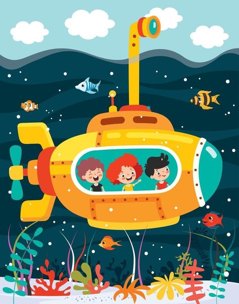 Fish Submarine, Cartoon Submarine, Submarine Cartoon, Under The Sea Drawings, Under The Sea Pictures, Scuba Vbs, Kindergarten Drawing, Ocean Drawing, Sea Drawing