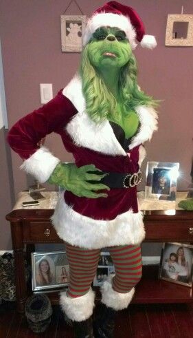 DIY Female Grinch costume homemade Homemade Grinch Costume, Woman Grinch Costume, Cute Grinch Costume, Womens Grinch Costume, Grinch Female Costume, Female Grinch Costume, Grinch Theme Halloween Costumes, The Grinch Costume For Women, Grinch Costume Women