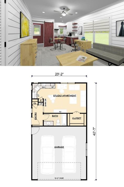 This 1-bedroom, one level carriage house plan with studio apartment and 2 car garage can fit the needs of someone who want to get into tiny house living or garage apartments. Shown is the open living area. Check out the modern interior and exterior by tapping on through or follow us for more 1-bedroom house plans and carriage house plans. By Architectural designs. Small Garage Studio Apartment, Garage Studio Apartment Layout, Garage Studio Apartment, Mil Suite, 1 Bedroom House Plans, Garage To Living Space, Carriage House Plans, 1 Bedroom House, Modern Townhouse