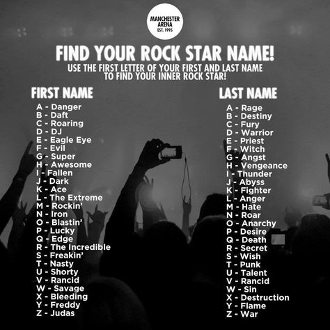 Rockstar Name Ideas, Name Maker, Rock N Roll Party, Rock Star Party, Party Songs, Best Character Names, Reunion Ideas, Party Rock, Name Generator