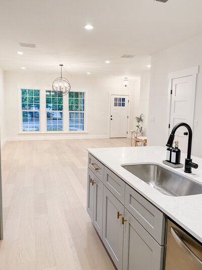 Gray Cabinets Light Wood Floors, Grey Cabinets Light Wood Floor, Light Wooden Floor Kitchen, Gray Kitchen Cabinets Light Wood Floors, Blonde Floors Kitchen, Light Floors White Cabinets, Pale Grey Kitchen Cabinets, White Oak Floors Living Room, Pale Grey Kitchen