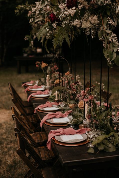 Intimate Wedding Reception, Mauve Wedding, Dark Wedding, Moody Wedding, Olympic National Park, Wedding Tablescapes, Adventure Wedding, Wedding Centerpiece, Forest Wedding