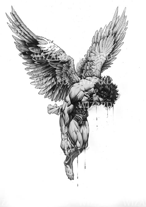 Biblical Creatures Art, Men’s Tattoo Ideas Greek Mythology, Fall Of Icarus Drawing, Shattered Hourglass Tattoo, Icarus Tattoo Sleeve, Tattoo Designs Men Meaningful Unique, Back Tattoos For Men Ideas, Praying Angel Tattoo Designs, Realistic Wave Tattoo