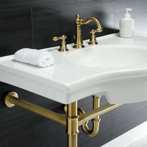 Plumbing Fixtures Under Console Bathroom Sink, Pedestal Sink Brass Fixtures, Marble Console Sink Powder Room, Dxv Oak Hill Console Sink, Florida Bathroom, Console Sink Bathroom, Kingston Brass Console Sink, Console Bathroom Sink, Bathroom Sink Tops