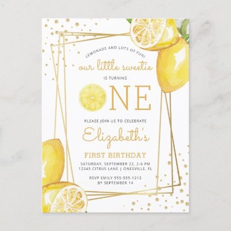 Lemon Watercolor 1st Birthday Party Invitation for $1.35 - Birthday Invitations Lemon Themed Party, Lemon Watercolor, 1st Birthday Party For Girls, Lemonade Party, 1st Birthday Party Invitations, Perfect Birthday Party, 2nd Birthday Party, Summer Birthday Party, 2nd Birthday Invitations