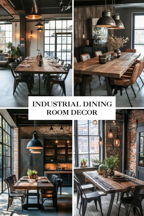 "🏭🍽️ Dive into Industrial dining room decor with our image carousel! Explore bold metals, rustic textures, and urban vibes that create a modern and edgy dining space. 🛠️🖤 #IndustrialDecor #DiningRoomDesign #UrbanChic" Industrial Dining Set, Industrial Dining Room Decor, Modern Industrial Dining Room, Industrial Dining Room, Reclaimed Wood Floors, Industrial Style Interior, Dining Room Industrial, Repurposed Decor, Unique Dining Room