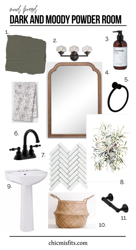 Powder Room Mood Board, New Classic Bedroom, Moody Powder Room, Powder Bathroom Ideas, Powder Room Paint Colors, Powder Room Paint, Farmhouse Powder Room, Bathroom Mood Board, Bedroom Mood Board