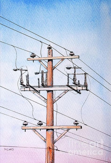 Power Lines Painting, Power Line Drawing, Blue Sky Watercolor, Electric Art, Electric Pole, Leaving Cert, September Art, Transmission Tower, Sky Watercolor