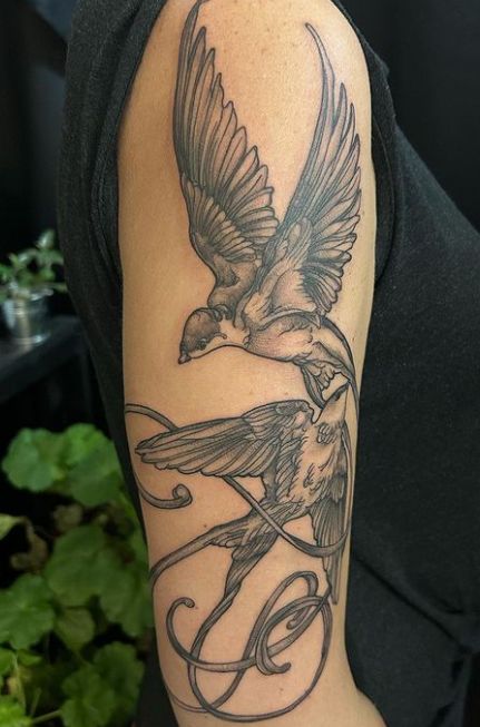 Bird Upper Arm Tattoo, Bird Tattoo Upper Arm, Large Bird Tattoo, Upper Bicep Tattoo Women, Upper Arm Tattoo, Upper Shoulder Tattoo, Bicep Tattoo Women, Bird Tattoos Arm, Swallow Tattoo