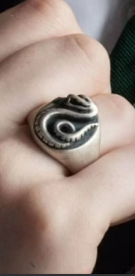 Snake ring from slytherin. It is Draco's ring with black and silver colors Draco Malfoy Engagement Ring, Dracos Ring, Draco Malfoy Necklace, Draco Malfoy Ring, Draco Ring, Rose Bbg, Slytherin Necklace, Harry Potter Jewelry Rings, Hot Draco