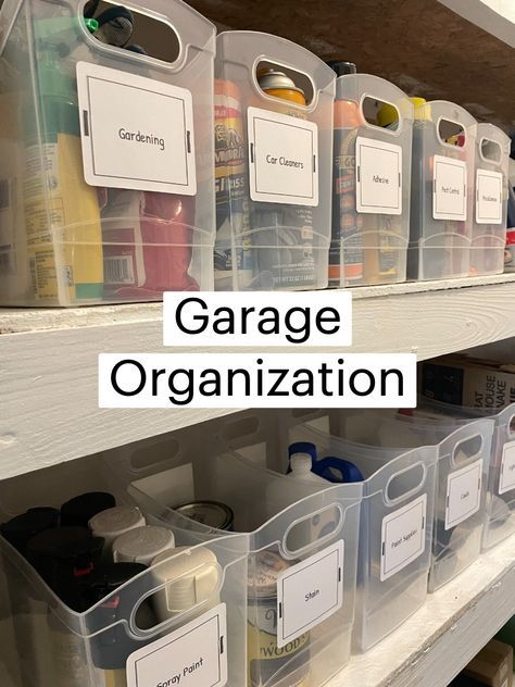 Small Tool Closet Organization, Organizing Paint Supplies Garage, Labeling Garage Storage Bins, Garage Storage Labels, Garage Organization For Kids Stuff, Diy Garage Organization Ideas Cheap, Garage Organization Ideas Tools, Garage Gym Organization Ideas, Garage Laundry Organization Ideas