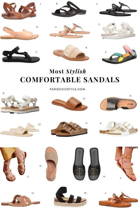 Most comfortable sandals for women for walking, travel. Best stylish sandals for travel Teva, Tory Burch, French sandals Sezane, Birkenstock, Crocs, Timberland, Chloe, French Sole. From Steve Madden sandals, inspired by the streets of New York, captures the latest in streetwear to create a collection that has taken the fashion world by storm. Tory Burch is reinventing the designer sandal with timeless silhouettes & genuine materials. #parischicstyle #parisianstyle #fashion #travel #sandals Sandal Design Women, Stylish Flat Sandals For Women, Comfortable Sandals Summer, Summer Dress And Sandals, Comfortable Flat Sandals For Women, Cute Flat Sandals Summer, Sandals For Dresses Summer, Timberland Sandals Outfit, Women Summer Sandals 2023