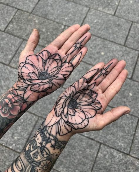 Moth On Hand Tattoo, Magnolia Hand Tattoo, Palm Tattoos Hand, Dark Finger Tattoos, Flame Hand Tattoo, Bee Hand Tattoo, Lotus Flower Hand Tattoo, Ornamental Finger Tattoo, Palm Hand Tattoo