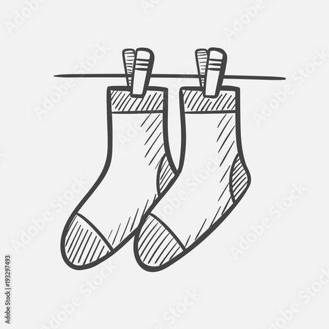 Stock Image: Vector hand drawn socks hanging on the clothesline outline doodle icon. Socks hanging on the clothesline sketch illustration for print, web, mobile and infographics isolated on white background. Socks Sketch, Clothes Doodle, Line Doodles, Doodle Icon, Cricut Joy, Sketch Illustration, Image Vector, Vector Hand, Clothes Line