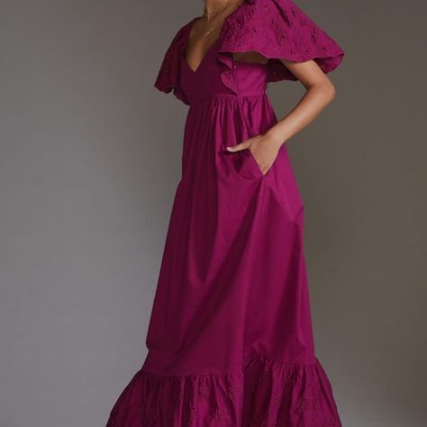 Anthropologie Flutter Sleeve Tiered Maxi Dress Purple En Saison Size M Cotton Side Zip Hand Wash Imported Dimensions Falls 56" From Shoulder En Saison Known For Airy Fabrics, Playful, Of-The-Moment Silhouettes, And Feminine Details, En Saison’s Designs Are Infused With Of-The-Moment Twists On Classic Silhouettes. Each Style Is Everlasting And Aligns With Their Mantra, “In Season.” Ikat Maxi Dress, Chic Maxi Dresses, Purple Fits, Paisley Maxi Dress, Maxi Slip Dress, Strapless Maxi Dress, Chiffon Maxi, Maxi Dress Cotton, Sleeve Maxi Dress