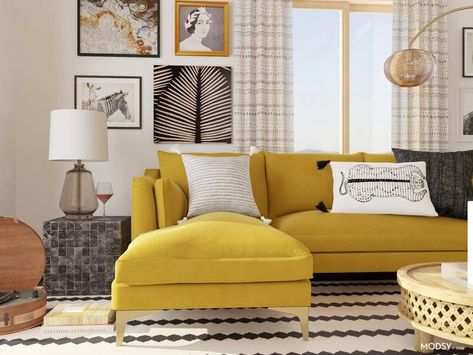 Black White Gold Yellow Living Room, Mustard And White Living Room, Yellow Sofas Living Room Ideas, Black And White Eclectic Living Room, Yellow Black And White Living Room, Yellow Couches Living Room, Yellow Interior Design Living Room, Yellow Black Living Room, Black And Yellow Living Room Ideas