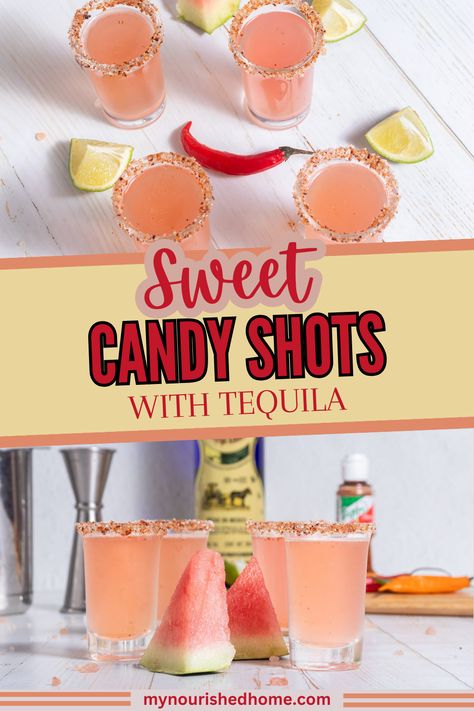 Mexican Candy Shots Recipes, Jello Shot Recipes Tequila, Sweet Shots Recipes, Shots With Tequila, Mixed Drinks With Tequila, Watermelon Tequila Shots, Mexican Candy Shots, Shots Recipes, Tequila Mixed Drinks