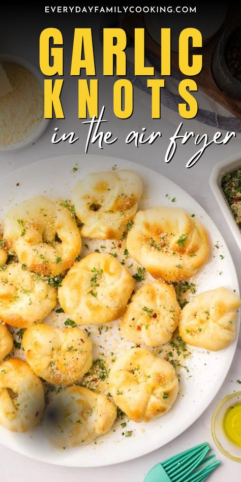 This simple recipe for Air Fryer Garlic Knots made with pizza dough combines fragrant garlic and cheesy parmesan into irresistible bread bites. They’re done in 15 minutes without heating up the kitchen with the oven! Garlic Bread Balls, Air Fryer Garlic Knots, Garlic Bread Sticks, Recipe For Air Fryer, Bread Bites, Air Fryer Garlic, Cheesy Snack, Baked Recipes, Garlic Knots