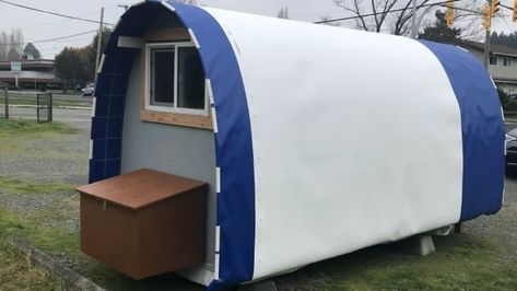 Victoria group pilots 'Conestoga Huts' as temporary shelter option for unhoused communities | CBC News Temporary Shelter, Victoria B, Deadbolt Lock, Proof Of Concept, Door Insulation, Micro House, Homeless Shelter, Concrete Blocks, Tiny Living