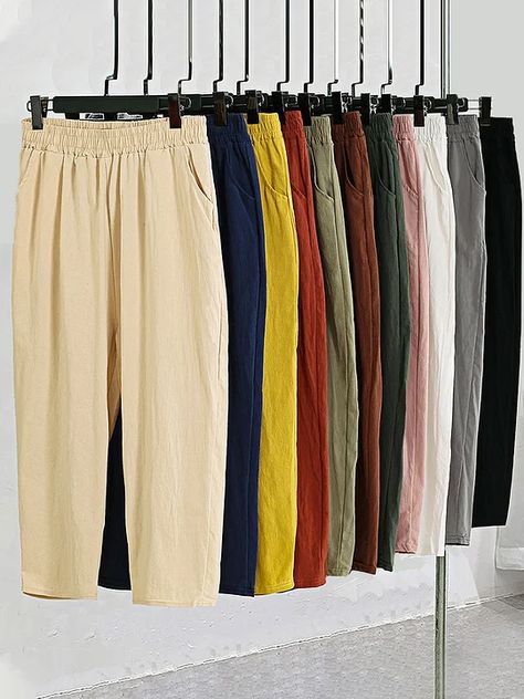 Women's Clothing Cotton Casual Pants, Casual Linen Pants, Plain Pants, Cropped Linen Pants, Fall Pants, Pants Cotton, Pocket Pattern, Elastic Waist Pants, Loose Pants