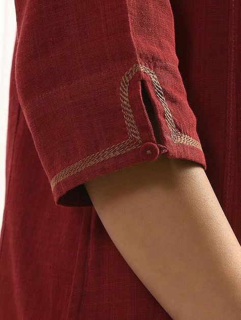 Handloom Kurta Design, Sleeves Design For Kurtis Cotton, Kurta Hand Designs Women, Churidar Sleeves Designs, Sleeves Ideas For Kurti, Kurti Designs Neck Design, Maroon Kurti Designs, Cotton Sleeves Design, Cotton Kurti Sleeves Design