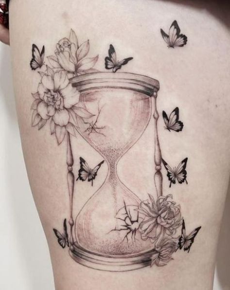 Hourglass Leg Tattoo, Hourglass Tattoo With Butterflies, Small Hour Glass Tattoos For Women, Hourglass Tattoo With Flowers, Bird Out Of Cage Tattoo, Hour Glass Tattoo Ideas Unique, Sands Of Time Tattoo, Hour Glass Tattoos For Women, Hourglass Tattoo Feminine