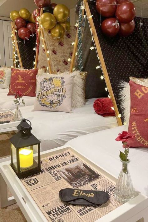 Check out this magical Harry Potter sleepover! The teepees are fantastic! See more party ideas and share yours at CatchMyParty.com Harry Potter Sleepover Ideas, Harry Potter Sleepover, Harry Potter Candy, Harry Potter Movie Night, Harry Potter Theme Birthday, Slumber Party Birthday, Girls Slumber Party, Kids Sleepover, Harry Potter Bday