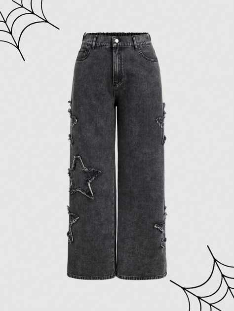 Plus Size Casual Loose Star Applique Dark Grey Jeans,Halloween Plus,Halloween Women Jeans,Halloween Clothes,Black Pants,Wide Leg Women Pants,Straight Jeans,Y2k Jeans Dark Grey    Denim Plain Wide Leg Non-Stretch  Women Plus Clothing, size features are:Bust: ,Length: ,Sleeve Length: Bow Jeans, Star Applique, Style Wide Leg Pants, Dark Grey Jeans, Leg Women, Halloween Clothes, Jeans Street Style, Fall Pants, Clothes Black