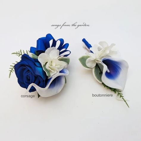 Royal Blue Purple Wedding Decor - Etsy Royal Blue Prom Flowers, Royal Blue Corsage And Boutonniere, Royal Blue Boutonniere, Blue Corsage And Boutonniere, Royal Blue Corsage, Prom Corsage Blue, Blue Wrist Corsage, Lily Corsage, Royal Blue Roses