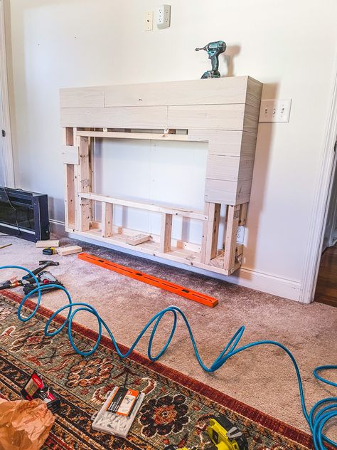 Bedroom Electric Fireplace - Shaw Avenue Diy Outdoor Electric Fireplace, Shiplap Fireplace Surround, Bedroom Electric Fireplace, Fireplace With Shiplap, Fireplace Surround Diy, Wall Units With Fireplace, Diy Shiplap Fireplace, Bar Lounge Room, Fireplace Bookcase