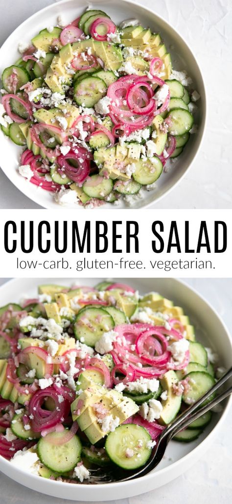 This Cucumber Salad Recipe is the perfect light and refreshing lunch or go-to side dish. Filled with crunchy cucumbers, quick-pickled red onions, and creamy avocado, it's easy to enjoy this healthy cucumber salad year-round with your favorite chicken, fish, or shrimp recipes! Healthy Cucumber Salad, Easy Cucumber Salad, Cucumber Salad Recipe, Cucumber Diet, Quick Pickled, Cucumber Recipes Salad, Buffalo Cauliflower, Cucumber Recipes, Favorite Chicken