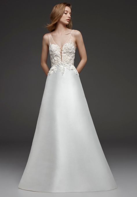 Atelier Pronovias | Caitlin Beaded Two-Piece Mikado Wedding Dress | Designer Bridal Room Silk Mikado Wedding Dress, Mikado Wedding Dress, Wedding Dresses Kleinfeld, Modest Bridal Gowns, Big Wedding Dresses, Pronovias Wedding Dress, Bow Wedding Dress, Wedding Dress With Pockets, Traditional Wedding Dresses