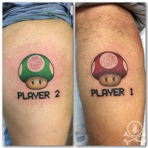 Mario 1 Up Tattoo, Mario Bros Mushroom Tattoo, Super Mario Matching Tattoos, Mario Brother Tattoos, Mario Art Tattoo, Mario Couple Tattoos, Matching Nintendo Tattoos, Mario Matching Tattoos, Mario Hat Tattoo