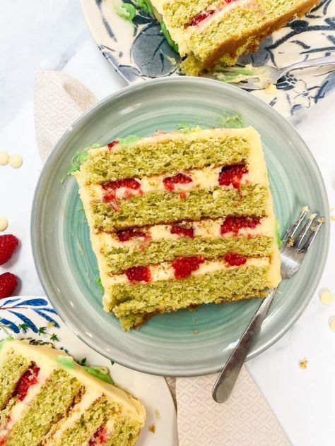 Raspberry, Pistachio and White Chocolate Cake - Baking with Aimee. Pistachio And Raspberry, Raspberry Cake Recipe, Pistachio White Chocolate, Raspberry Cake Recipes, Raspberry Pistachio, Showstopper Dessert, Chocolate Swiss Meringue Buttercream, White Food Coloring, Cake From Scratch