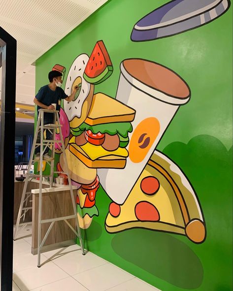 Wall Graphics Restaurant, Mural Art Painting, Kitchen Murals, Islamic Lantern, Creative Wall Painting, Cafe Wall Art, Instagram Wall, School Murals, Pastel Artwork